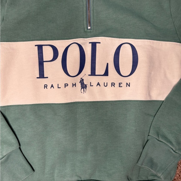 Polo by Ralph Lauren Green Half-Zip Sweater with Cream Panel and Navy Logo - Picture 4 of 7